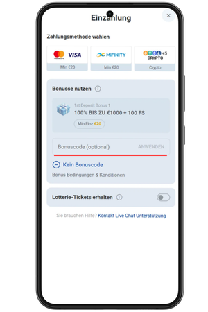 Bonusart auswählen und Rocket Spin Bonus Code einlösen