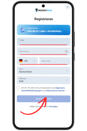 Registrierung abschließen und Rocket Spin Promo Code eingeben
